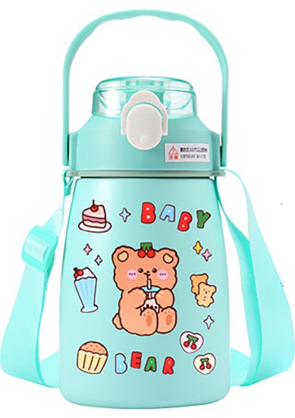 1000 ml Karikatür Büyük Göbek Samanlı Termal Şişe Paslanmaz Çelik Termos-Açık Mavi