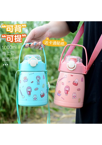 1000 ml Karikatür Büyük Göbek Samanlı Termal Şişe Paslanmaz Çelik Termos-Açık Mavi modelleri