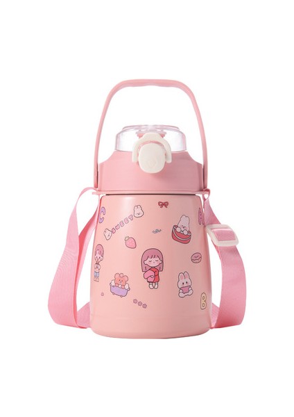 1100 ml Karikatür Büyük Göbek Samanlı Termal Şişe Paslanmaz Çelik Termos-Pembe