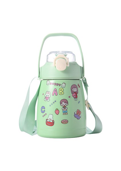 1100 ml Karikatür Büyük Göbek Samanlı Termal Şişe Paslanmaz Çelik Termos-Yeşil