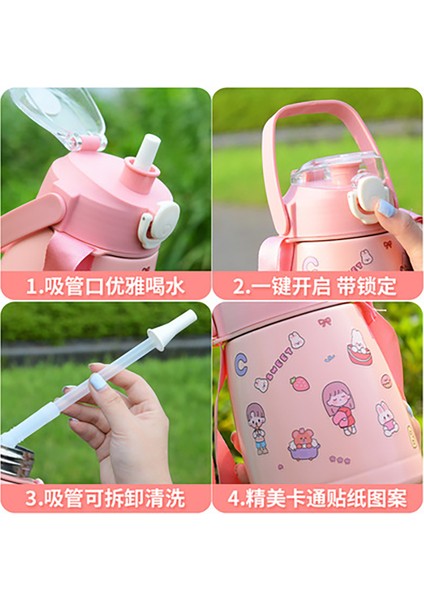 1100 ml Karikatür Büyük Göbek Samanlı Termal Şişe Paslanmaz Çelik Termos-Yeşil fırsatları