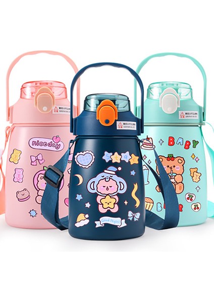 1100 ml Karikatür Büyük Göbek Samanlı Termal Şişe Paslanmaz Çelik Termos-Yeşil indirimleri