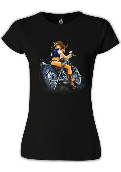 Lordd T-Shirt Motosiklet - Biker Girl Siyah Bayan Tshirt