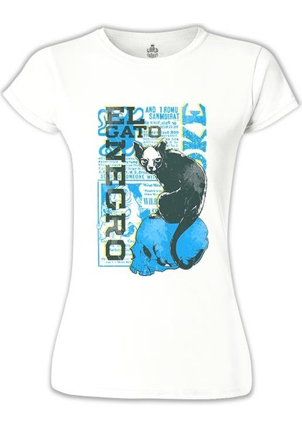 Lordd T-Shirt Kara Kedi Beyaz Bayan Tshirt