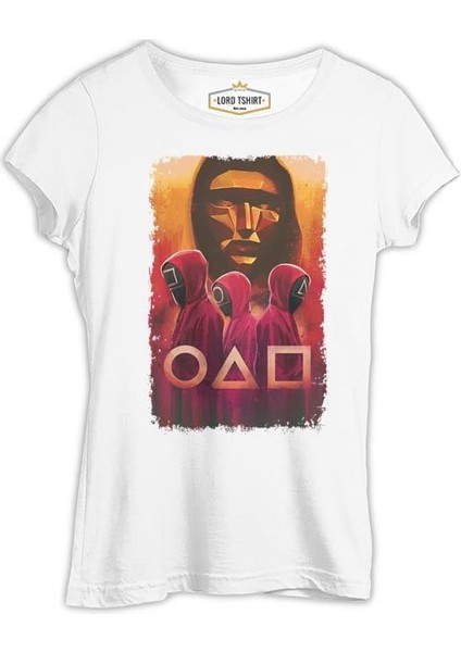 Lordd T-Shirt Squid Game - Maske Sarı ve Askerler Beyaz Bayan Tshirt