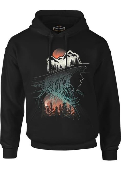 Lordd T-Shirt Doğa Macera Kamp Silüet Siyah Erkek Fermuarsız Kapşonlu