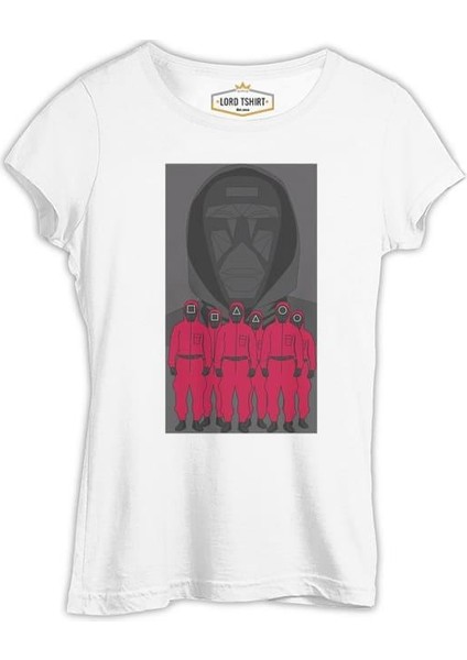 Lordd T-Shirt Squid Game - Maske Gri ve Askerler Beyaz Bayan Tshirt
