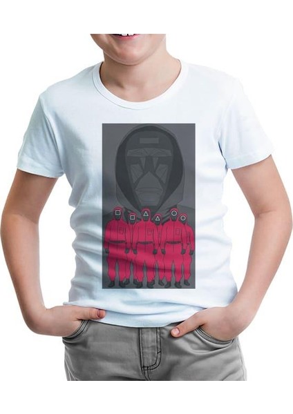 Lordd T-Shirt Squid Game - Maske Gri ve Askerler Beyaz Çocuk Tshirt