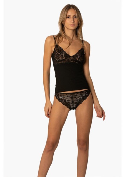 Kadın Dantelli Penye Atlet Külot / Kaşkorse Set - 315 Siyah
