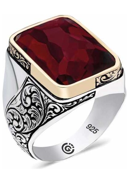 ​gümüş Bordo Taşlı Köşeli Erkek Yüzük