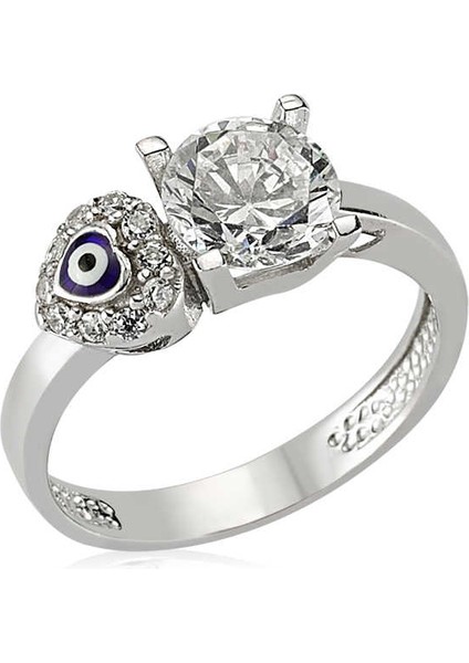 Gümüş Kalp Nazarlı Tek Taş Bayan Yüzük