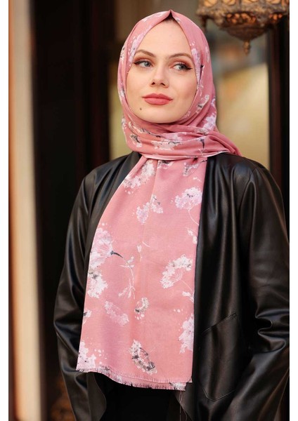 - Çiçek Desenli Gül Kurusu Tesettür Şal 52131GK