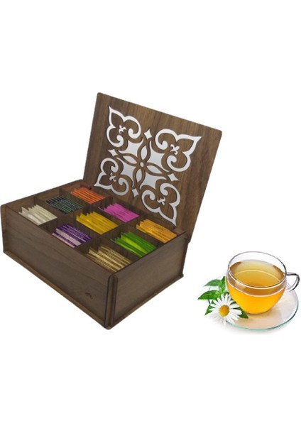 Gediz Renk Ahşap Çay Kutusu 9 Bölmeli (Çaylar Dahil) Kapaklı Bitki Çay Saklama Kabı Tea Box