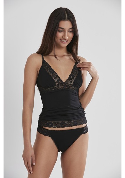 Kadın Dantelli Penye Atlet Külot / Kaşkorse Set - 310 Siyah