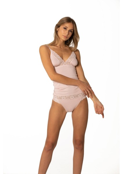 Kadın Dantelli Penye Atlet Külot / Kaşkorse Set - 310 Pudra