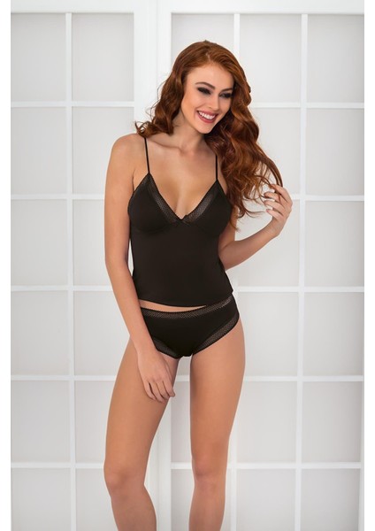 Kadın Dantelli Penye Atlet Külot / Kaşkorse Set - 305 Siyah