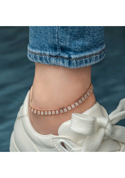 Gümüş Gurmet Zincirli Kare Zirkon Taşlı Rose Gold Halhal fiyatları