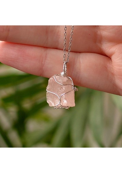 Ham Pembe Kuvars Taşı Gümüş Kolye - Tel Sargılı