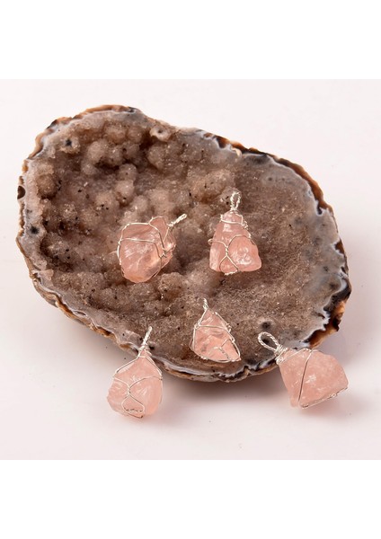 Ham Pembe Kuvars Taşı Gümüş Kolye - Tel Sargılı fiyatları