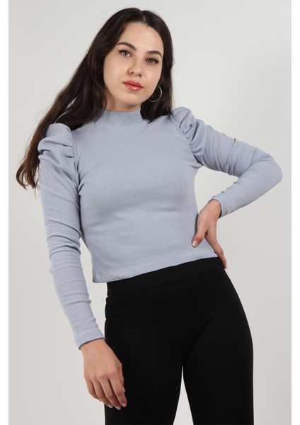 302BK080003 - 20413 Yarım Balıkçı Balon Büzgülü Karpuz Uzun Kol 2*2 Lyc Kaşkorse Bluz