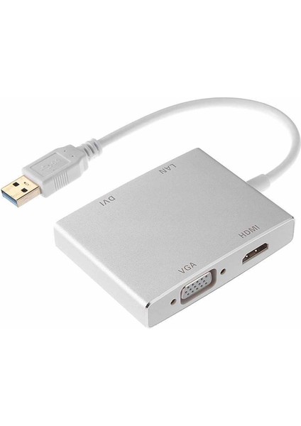 USB 3.0 To VGA HDMI Lan DVI Adapter 4 In 1 USB Dönüştürücü Adaptör Kablo Gri