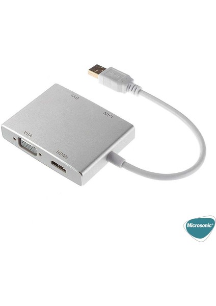 USB 3.0 To VGA HDMI Lan DVI Adapter 4 In 1 USB Dönüştürücü Adaptör Kablo Gri