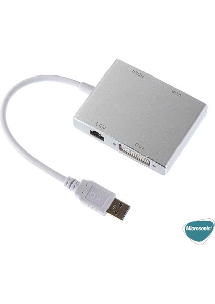 USB 3.0 To VGA HDMI Lan DVI Adapter 4 In 1 USB Dönüştürücü Adaptör Kablo Gri