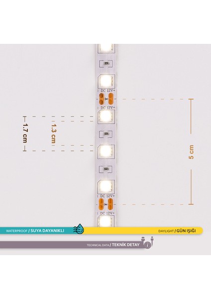 3 Çip 60 Ledli Şerit LED 3000K Gün Işığı  12V 14,4W 5 Metre