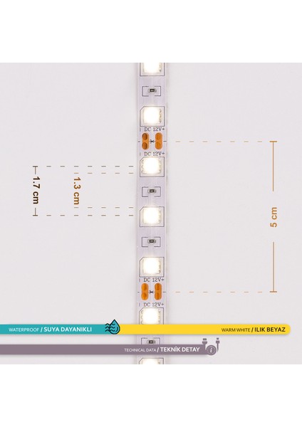 Üç Çip 60 Ledli Şerit LED 4000K Ilık Beyaz 15LM 12V 14,4W 5 Metre modelleri