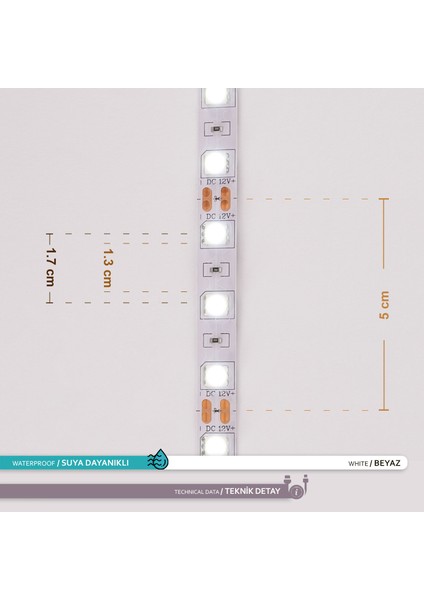 Üç Çip 60 Ledli Şerit LED 6500K Beyaz Işık 15LM 12V 14,4W 5 Metre