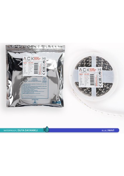Üç Çip 60 Ledli Şerit LED Mavi 12LM 12V 14,4W 5 Metre