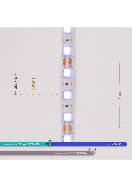 Üç Çip 60 Ledli Şerit LED Mavi 12LM 12V 14,4W 5 Metre