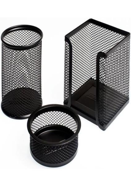 Tel Metal Perfore Kalemlik + Ataşlık + Küpnotluk 3'lü Set Siyah