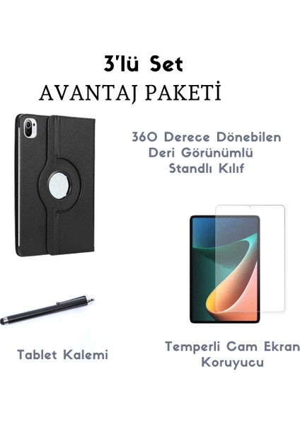 wowacs Xiaomi Mi Pad 5 3'lü Set Standlı Dönebilen Tablet Kılıfı + Temperli Ekran Koruyucu + Kalem