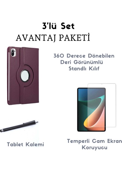 Xiaomi Mi Pad 5 3'lü Set Standlı Dönebilen Tablet Kılıfı + Temperli Ekran Koruyucu + Kalem