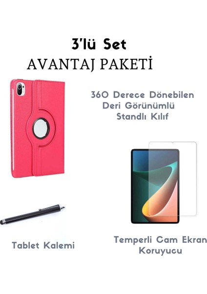 Xiaomi Mi Pad 5 3'lü Set Standlı Dönebilen Tablet Kılıfı + Temperli Ekran Koruyucu + Kalem