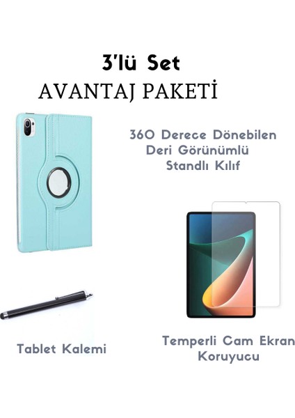 Xiaomi Mi Pad 5 3'lü Set Standlı Dönebilen Tablet Kılıfı + Temperli Ekran Koruyucu + Kalem