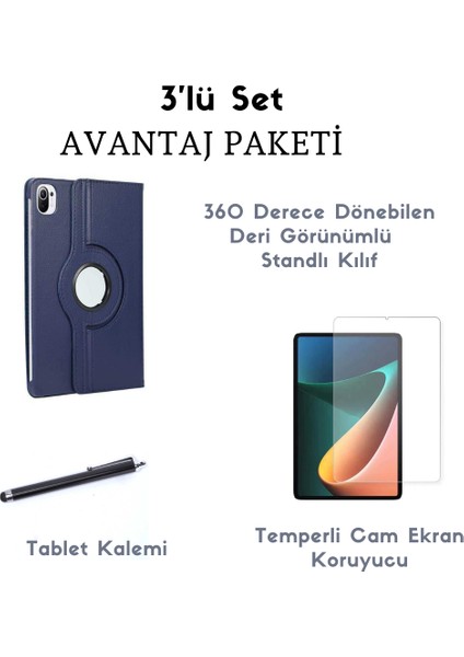 Xiaomi Mi Pad 5 3'lü Set Standlı Dönebilen Tablet Kılıfı + Temperli Ekran Koruyucu + Kalem