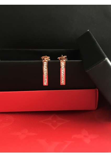 Dikdörtgen Taşlı Rose Çelik Küpe 2cm
