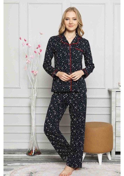 Dreamy Yıldız Desenli Biyeli Gömlek Pijama Takımı Siyah