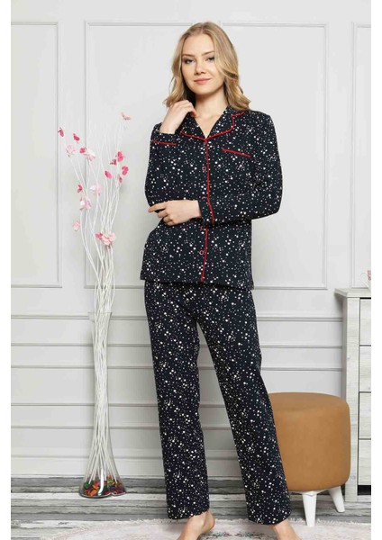 Dreamy Yıldız Desenli Biyeli Gömlek Pijama Takımı Siyah