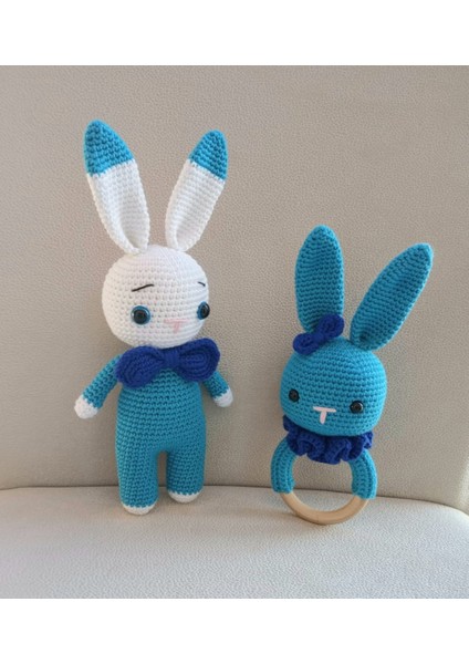 Mavi Tavşan Seti Organik Örgü Oyuncak