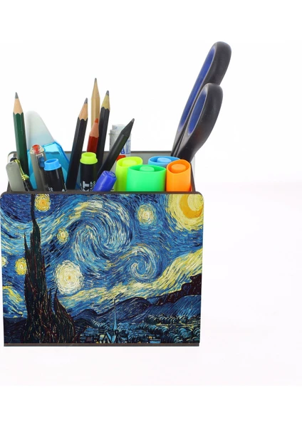 Van Gogh Starry Night Yıldızlı Gece Masaüstü Bölmeli Ahşap Kalemlik