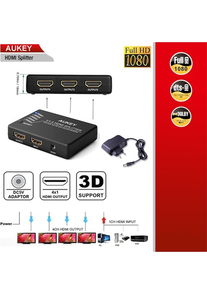 Aukey HA-H02 Full Hd 4K / 3D 1 Giriş 4 Çıkışlı HDMI Splitter (Sinyal Çoğaltıcı)