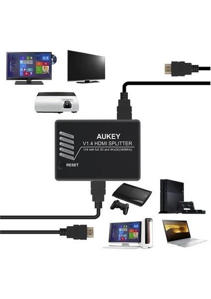 Aukey HA-H02 Full Hd 4K / 3D 1 Giriş 4 Çıkışlı HDMI Splitter (Sinyal Çoğaltıcı)