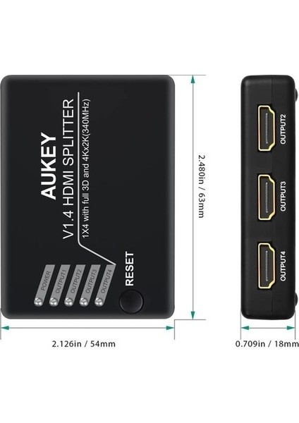 Aukey HA-H02 Full Hd 4K / 3D 1 Giriş 4 Çıkışlı HDMI Splitter (Sinyal Çoğaltıcı)