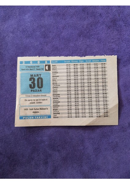 30 Mart 2008 Takvim Yaprağı - Nostaljik Koleksiyonluk Takvim Yaprağı