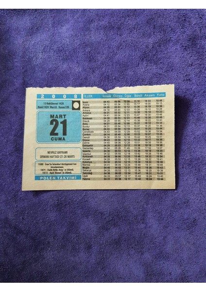 21 Mart 2008 Takvim Yaprağı - Nostaljik Koleksiyonluk Takvim Yaprağı