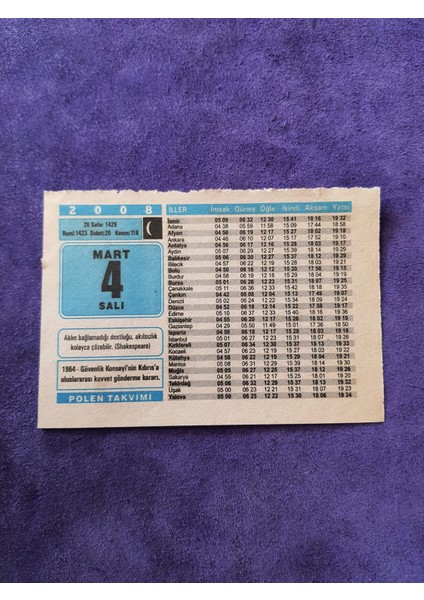 4 Mart 2008 Takvim Yaprağı - Nostaljik Koleksiyonluk Takvim Yaprağı