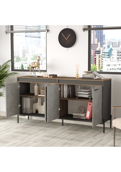 Darian E Ofis Konsol Klasör Dolabı Metal Ayaklı Kahve-Beton-Antrasit Dr5-Cga